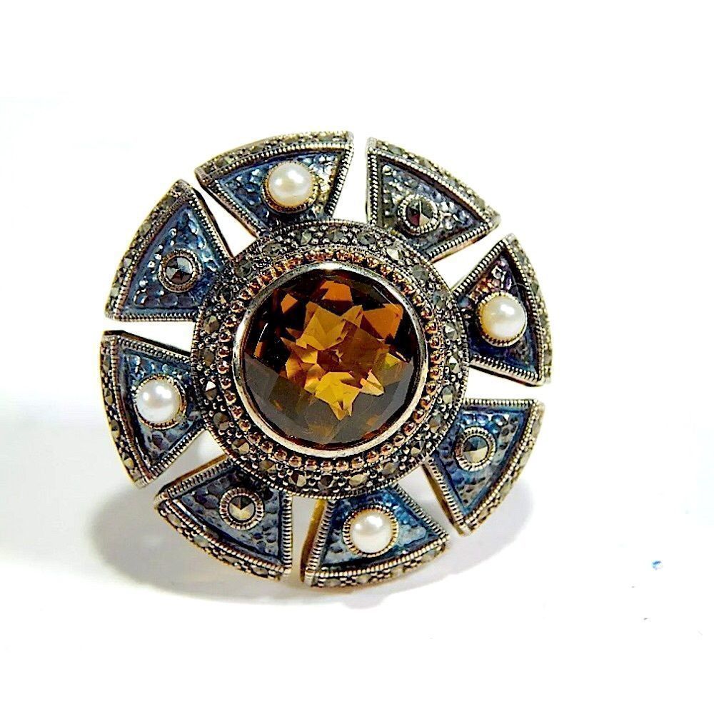 JUDITH JACK Citrine Sterling Silver Marcasite Cocktail Ring NWT